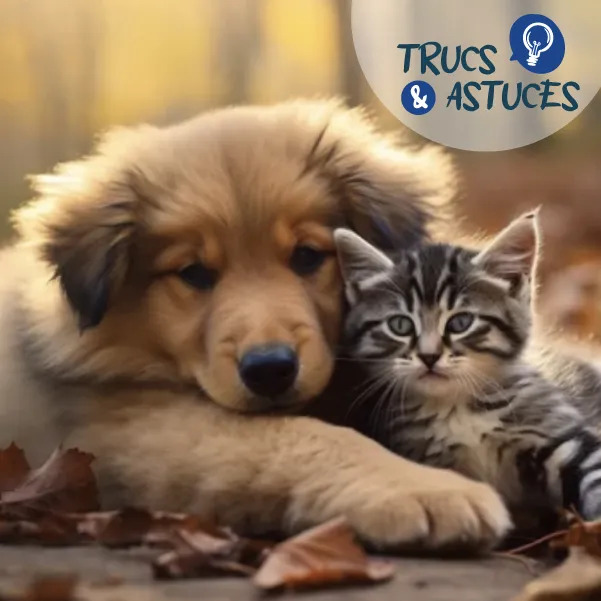 format carré préparer son chat à l’automne Un chiot et un chaton sont l'un contre l'autre au milieu de feuilles d'automne de couleur orange