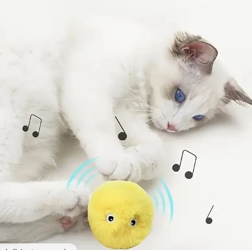 un chat roulé sur le côté, blanc aux yeux bleus joue avec une balle en mousse qui fait de la musique