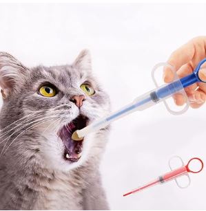 un chat gris clair ouvre la gueule et une main d'humain lui injecte un produit avec un lance pilule