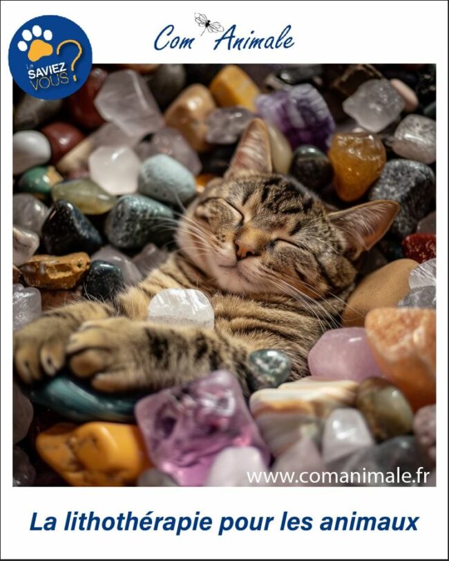 photo d'un chat tigré marron qui dort paisiblement au milieu de pierres de lithothérapie