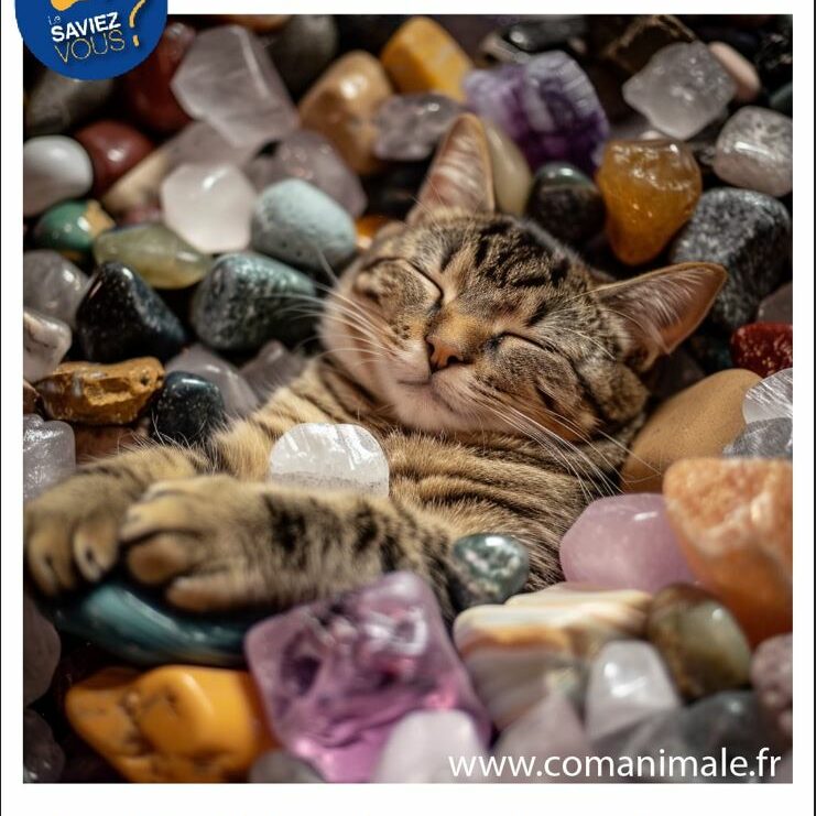 la lithothérapie pour les animaux photo d'un chat tigré marron qui dort paisiblement au milieu de pierres de lithothérapie