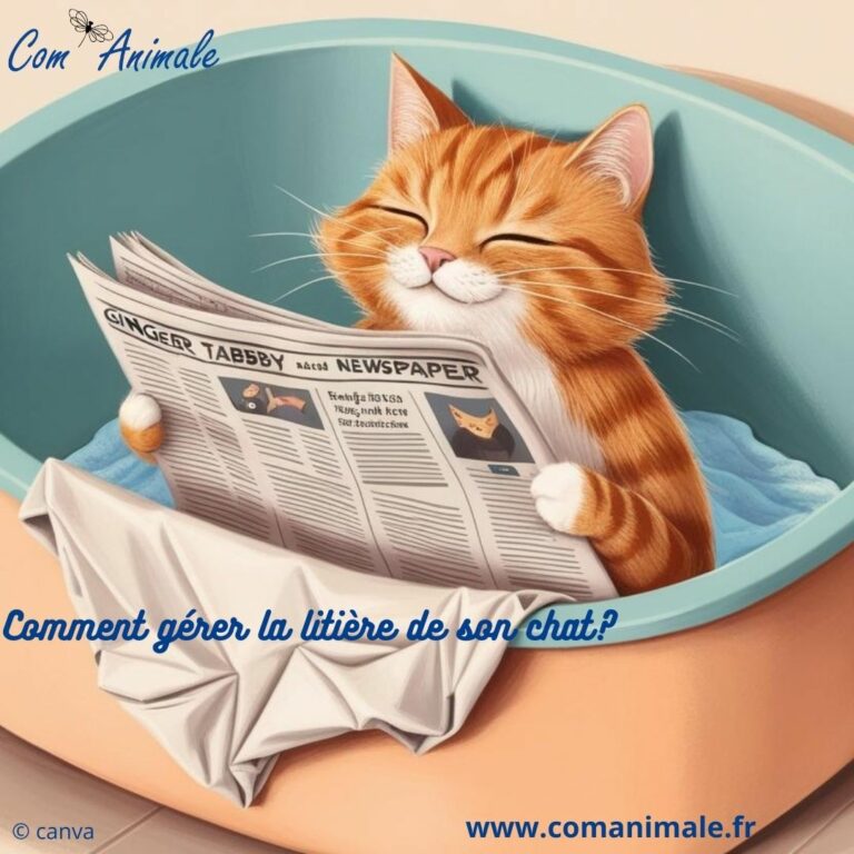 litière pour chat photo carré illustration d'un chat roux qui lit son journal dans la litière pour chat