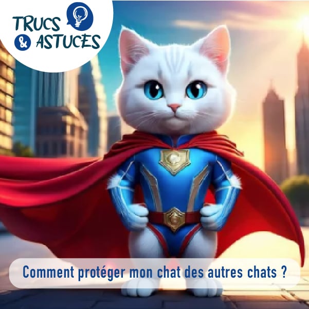protéger son chat des autres chats photo montage d'un chat blanc en habit de héro