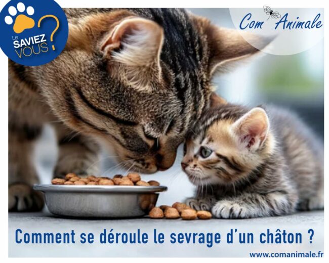 sevrage du chaton photo d'une maman chatte avec son chaton devant une gamelle de croquette