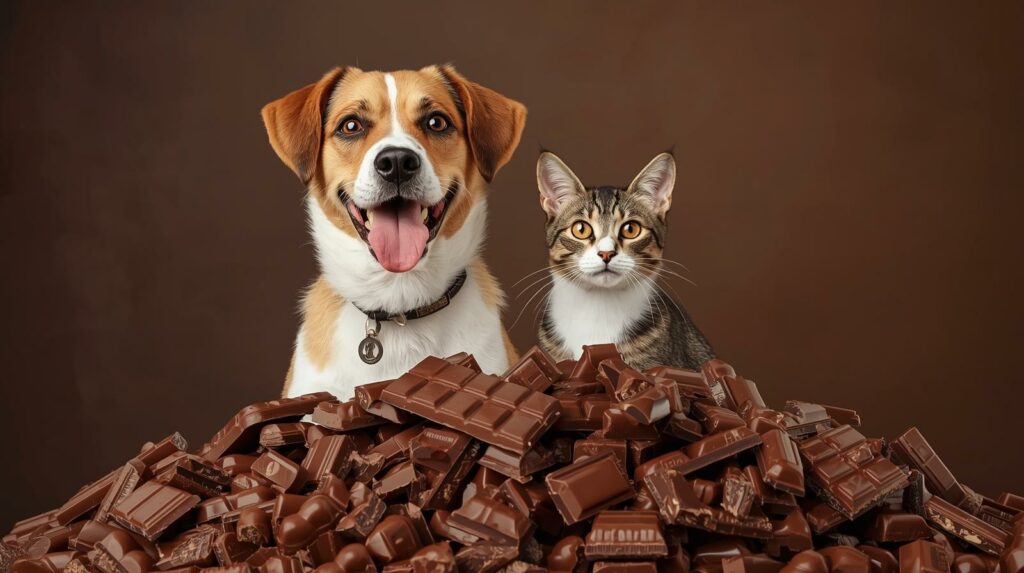 photo d'un chien et d'un chat devant du chocolat