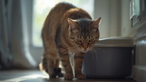 photo d'un chat tigré devant la litière