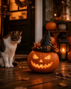 photo d'un chat qui observe une citrouille d'halloween à distance